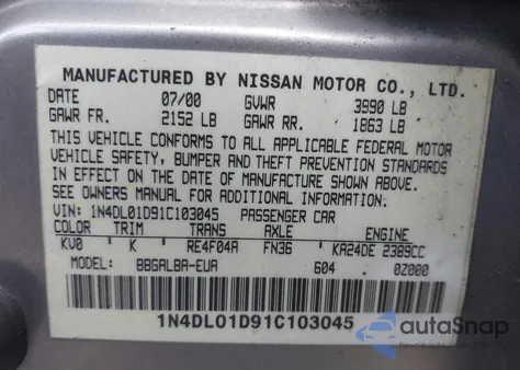 2001 Nissan Altima Gxe z USA, uszkodzony, nr VIN 1N4DL01D91C103045